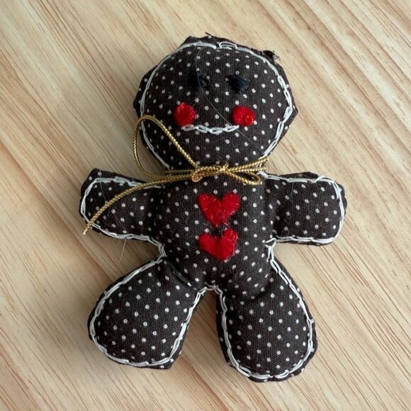 5 Vintage Handmade Ornaments Gingham Gingerbread Men Man Fabric Bows & Smiles - Picture 7 of 11